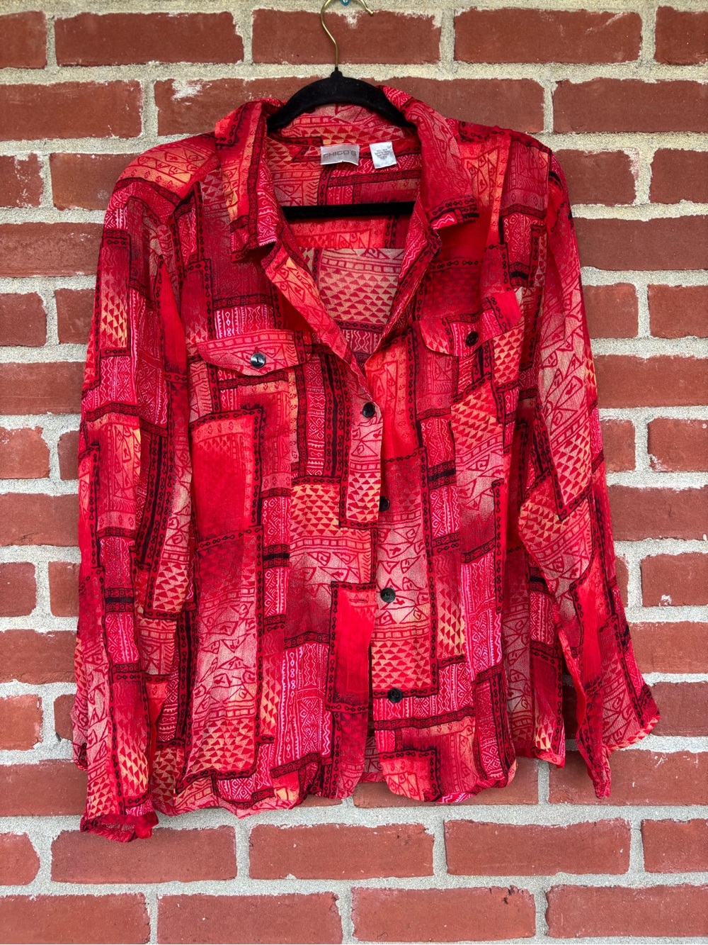 Vintage Silk Chico's Red Black Geometric Abstract Patchwork Button Up Blouse